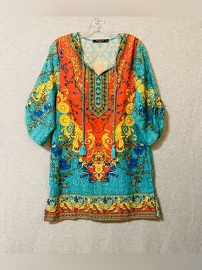 Vibrant Turquoise & Orange Printed Mini Dress with Tassel Neck